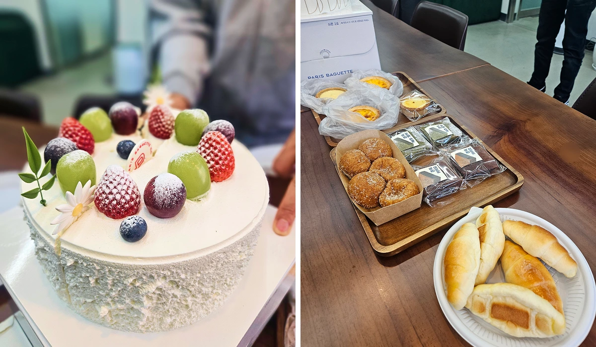 디무브 오피스 라운지 내 세팅된 케이크와 빵