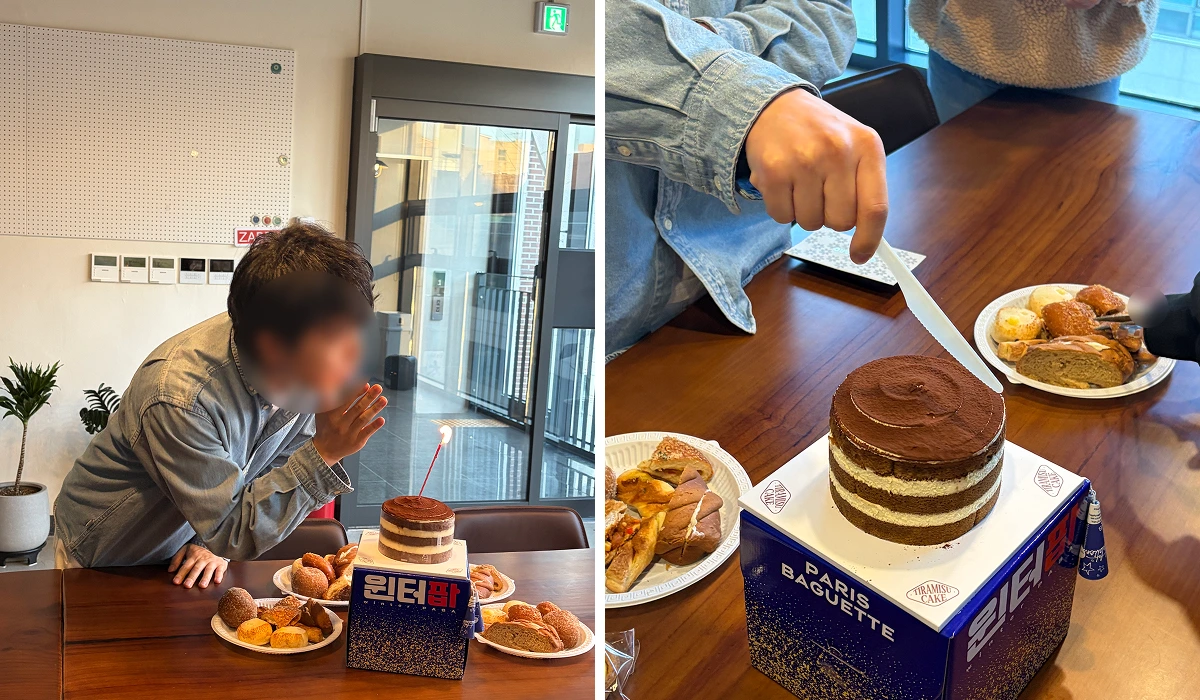 티라미수 케이크 생일 초를 부는 모습